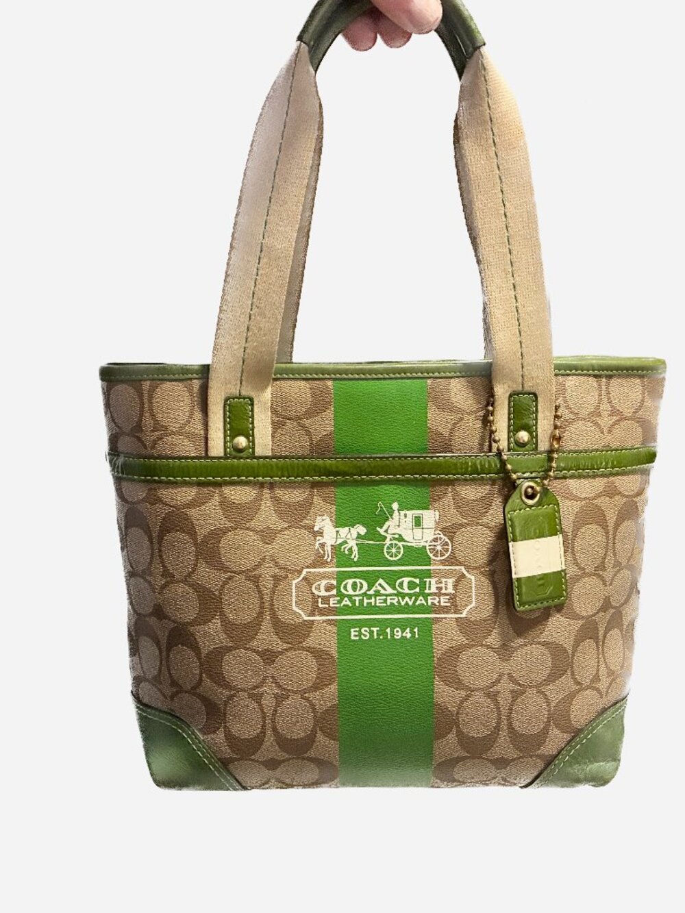 Coach Heritage Stripe Small Tote in Signature Khaki & Kelly Green (#11349)